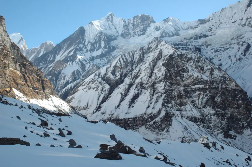 Reisezeit-nepal-winter-schneelandschaft-blauer-himmel-machapuchare-BC